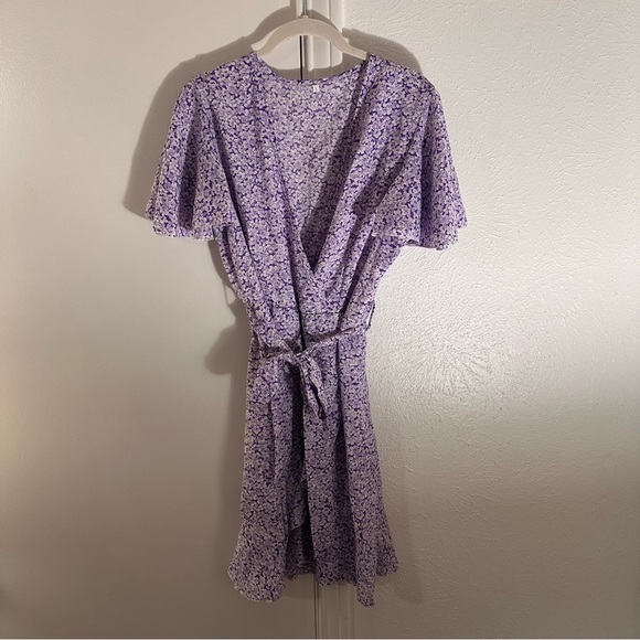 SHEIN Lilac Purple Floral Tie Front Ruffle Mini Dress V Neck Short Sleeve A Line - Picture 6 of 8